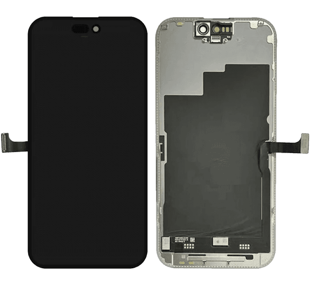 A collection of genuine Apple replacement parts including screens, batteries, and logic boards
